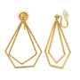 A pair of gold geometric dangle earrings with a double-line diamond design and clip on backing, shown on a clean white background.