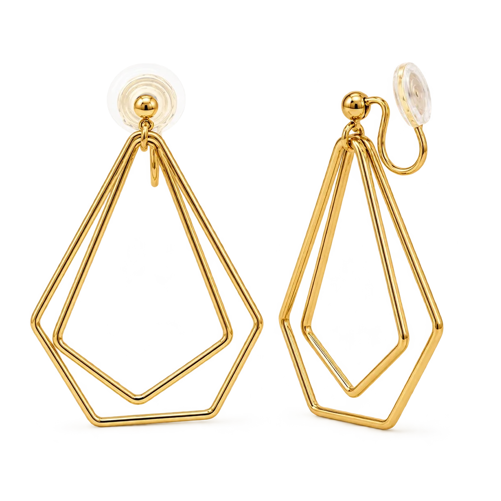 A pair of gold geometric dangle earrings with a double-line diamond design and clip on backing, shown on a clean white background.