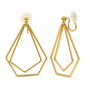 A pair of gold geometric dangle earrings with a double-line diamond design and clip on backing, shown on a clean white background.