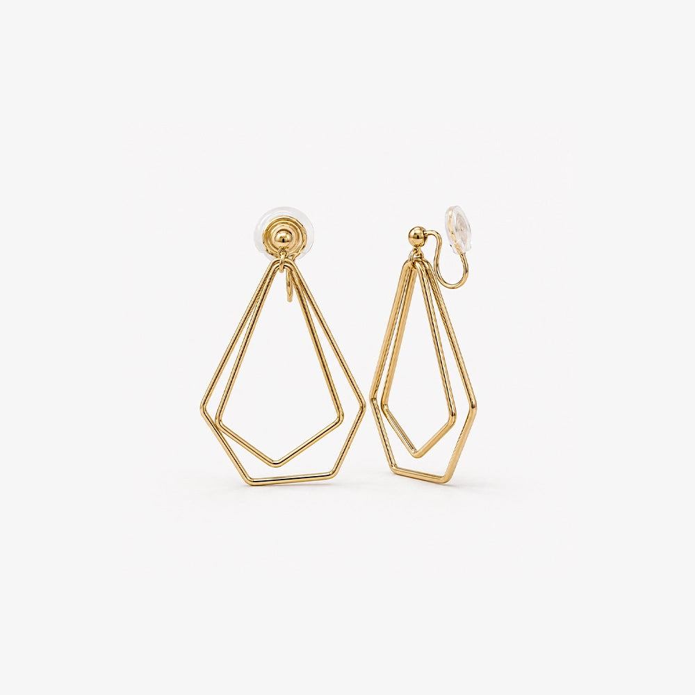 Gold dainty layered geometric clip-on earrings front view on white background