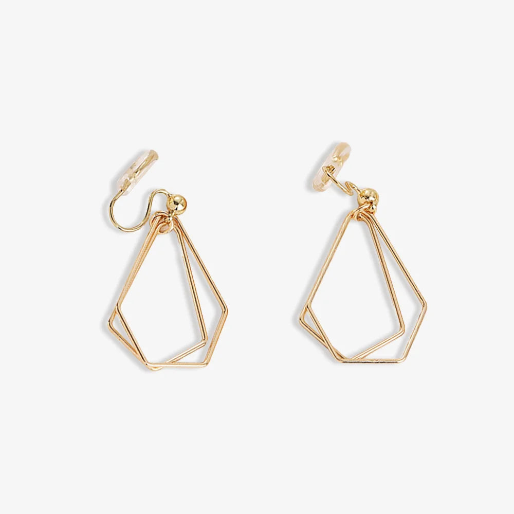 Gold dainty layered geometric clip-on earrings front view on white background