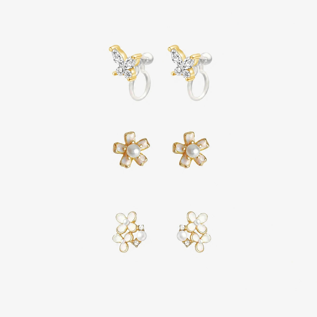 Dainty Pearl Floral and Butterfly Invisible Clip On Earring Trio