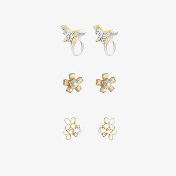Dainty Pearl Floral and Butterfly Invisible Clip On Earring Trio