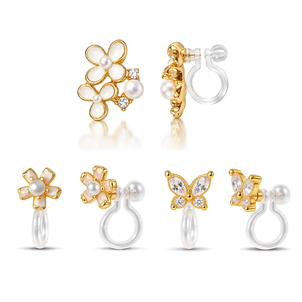 Dainty Pearl Floral and Butterfly Invisible Clip On Earring Trio
