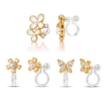 Dainty Pearl Floral and Butterfly Invisible Clip On Earring Trio