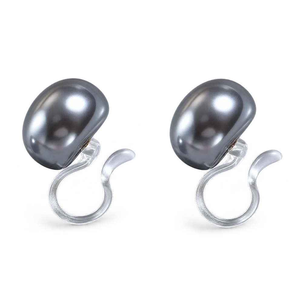 A pair of clip-on pearl earrings with dark gray round pearls and silver-tone curved hooks, shown on a clean white background.