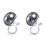 A pair of clip-on pearl earrings with dark gray round pearls and silver-tone curved hooks, shown on a clean white background.