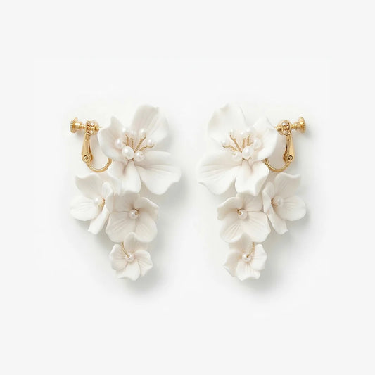 Delicate white flower cluster screw-back clip-on earrings for women