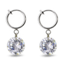 A pair of silver clip on hoop earrings with round clear faceted crystal drops, shown on a clean white background.