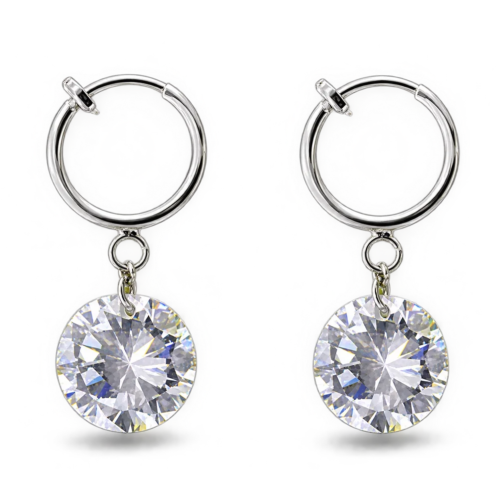 A pair of silver clip on hoop earrings with round clear faceted crystal drops, shown on a clean white background.