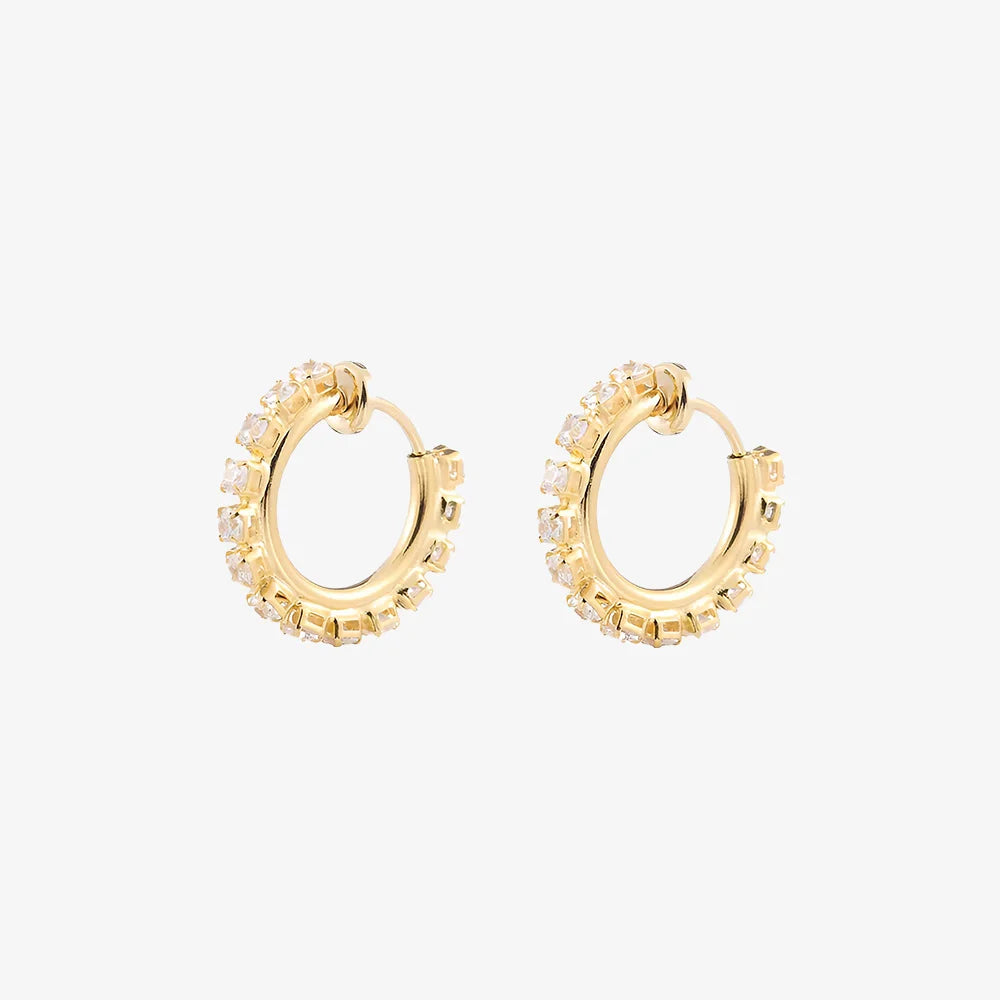 Gold-plated clip on hoop earrings with synthetic diamonds for women, elegant and durable.