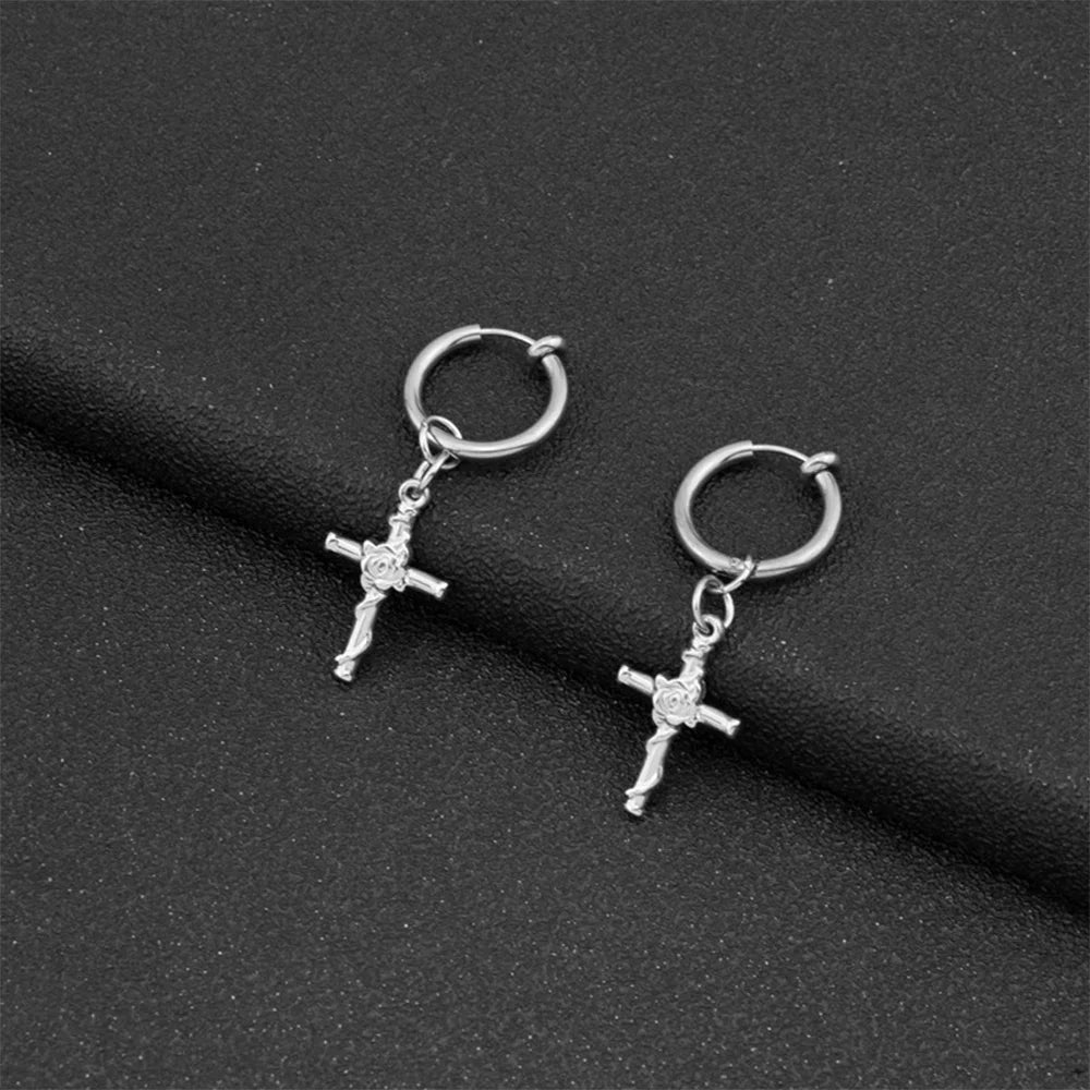 Close up of Divine Rose Cross Clip-On Earrings highlighting the intricate design.