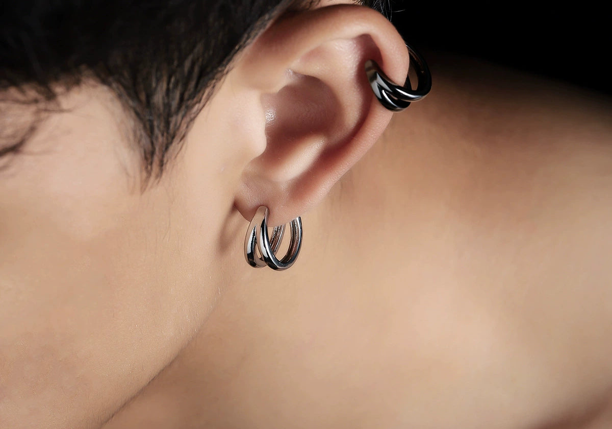 Silver double-band minimalist clip-on ear cuffs side view on ear showcase