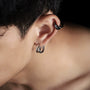 Silver double-band minimalist clip-on ear cuffs side view on ear showcase