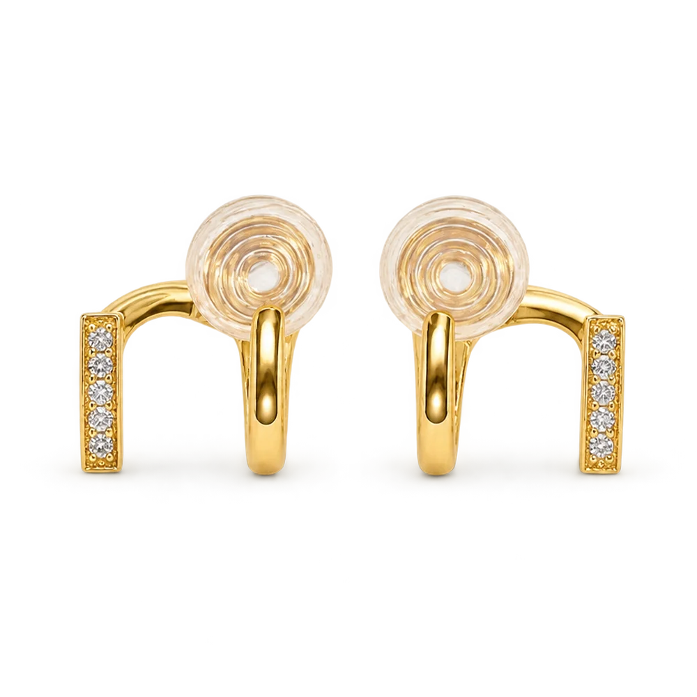 A pair of gold cufflinks with a spiral design on the front and rows of small clear stones on the side bars, shown on a plain white background.