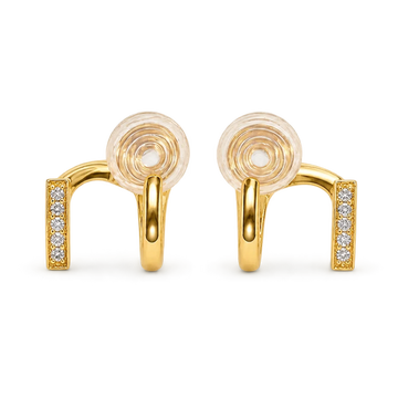 A pair of gold cufflinks with a spiral design on the front and rows of small clear stones on the side bars, shown on a plain white background.