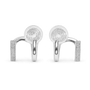 A pair of silver-toned cufflinks with circular spiral details on the front and pavé-set rectangular bars on the sides, shown on a plain white background.