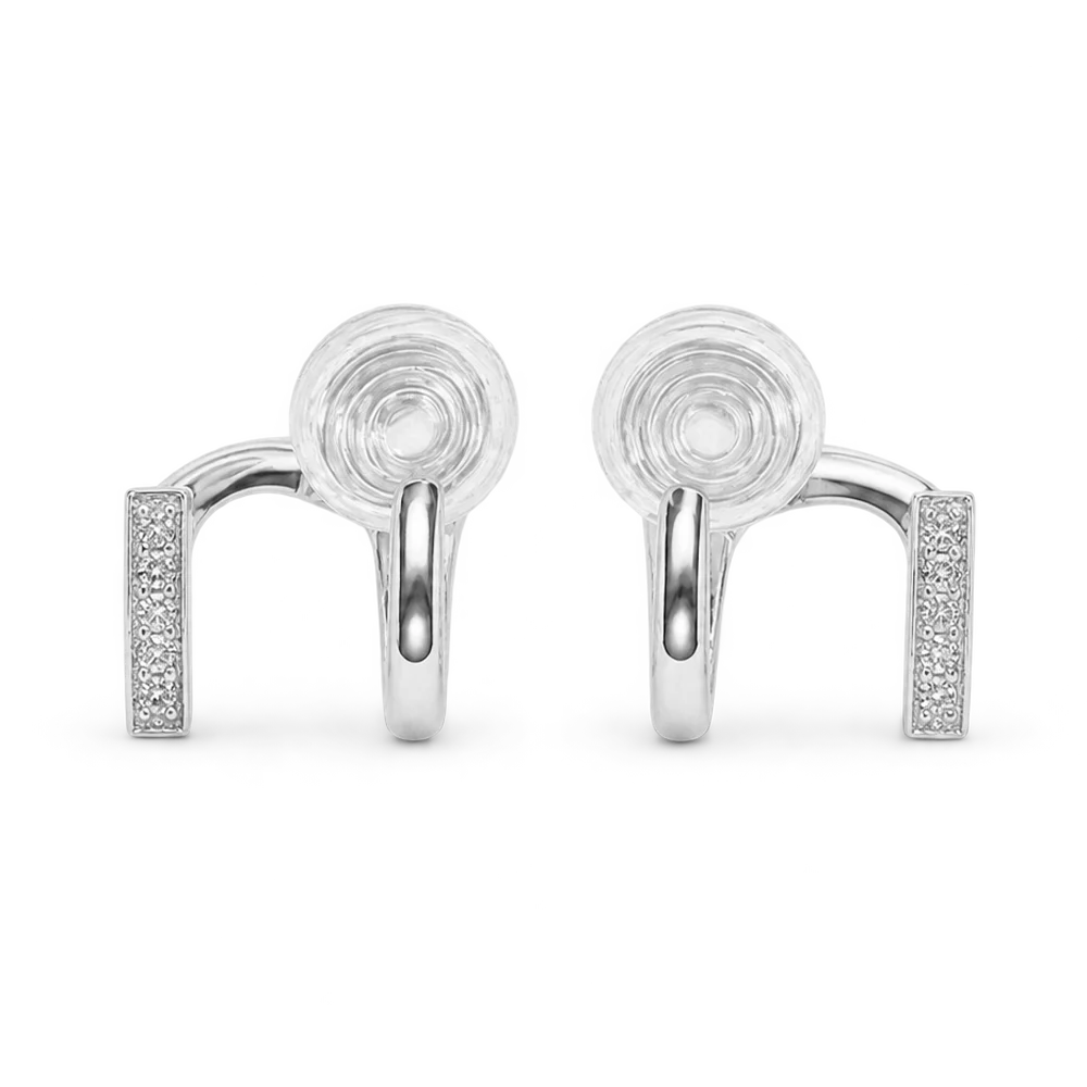 A pair of silver-toned cufflinks with circular spiral details on the front and pavé-set rectangular bars on the sides, shown on a plain white background.