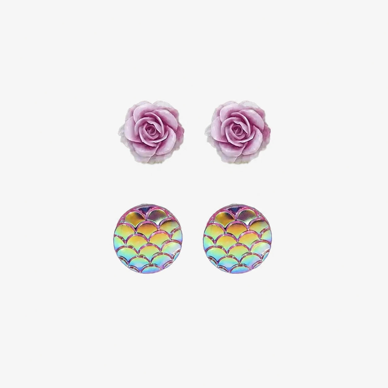 Dreamy Pastels Set Mermaid Scale and Rose Clip On Earrings