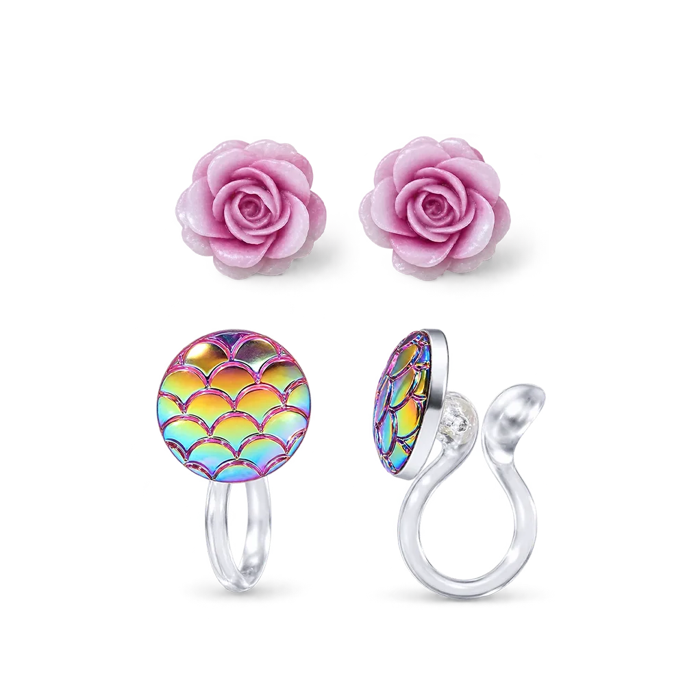Dreamy Pastels Set Mermaid Scale and Rose Clip On Earrings