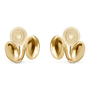 A pair of gold clip-on earrings with a polished, organic wavy shape and a circular spiral stud back, shown on a plain white background.