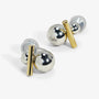 A pair of modern stud earrings featuring a polished silver-tone ball and a slim gold-tone bar, photographed on a clean white background.