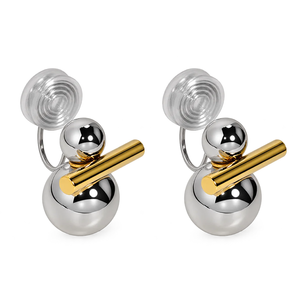 A pair of clip on earrings designed like stylized snowmen, featuring polished silver-tone spheres and a gold-tone stick