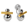 A pair of clip on earrings designed like stylized snowmen, featuring polished silver-tone spheres and a gold-tone stick