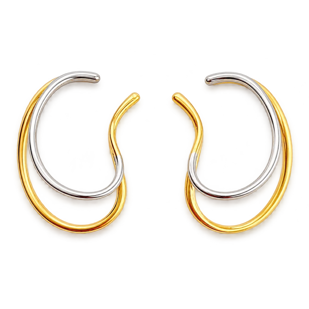 Gold and silver toned Dual-Tone Wave Conch Ear Cuffs on a stark white background, embodying a modern design ideal for a minimalist yet elegant daily accessory, no piercing needed.