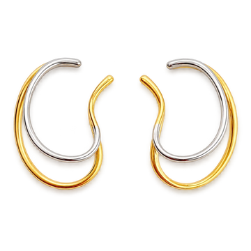 Gold and silver toned Dual-Tone Wave Conch Ear Cuffs on a stark white background, embodying a modern design ideal for a minimalist yet elegant daily accessory, no piercing needed.