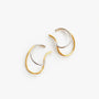 A pair of minimalist, open-ended hoop earrings made of two interlocking textured metal wires, one gold and one silver, shown on a clean white background.