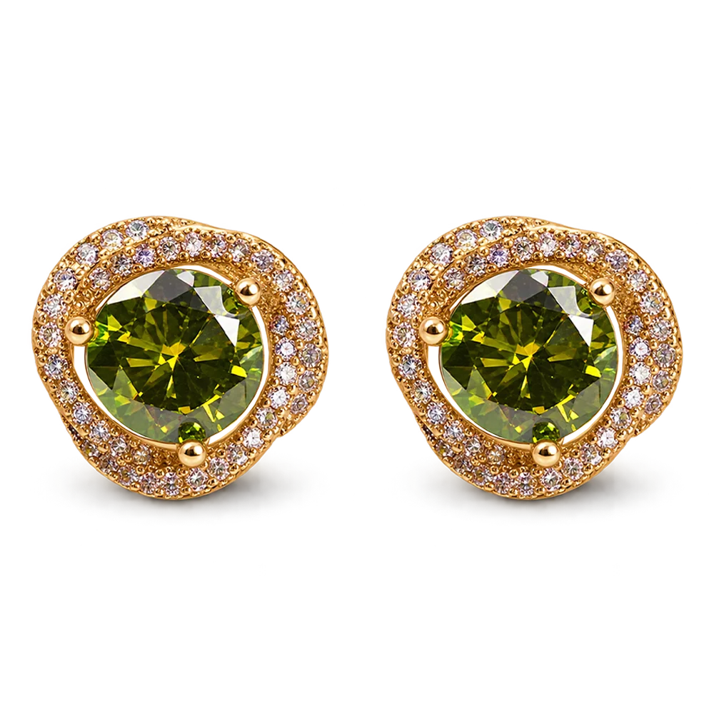 A pair of gold stud earrings featuring a large round green center stone surrounded by a halo of small clear stones, set against a plain white background.