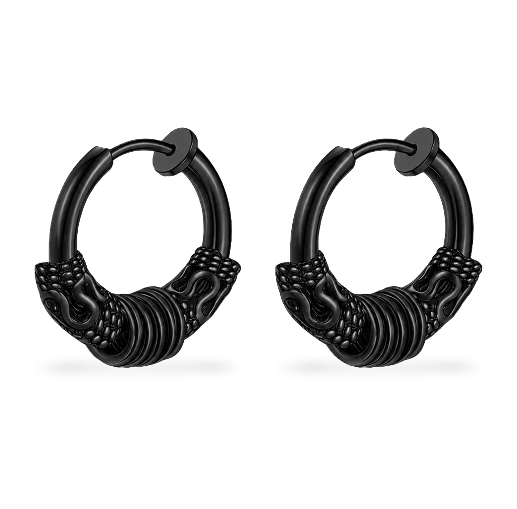 A pair of black hoop earrings with textured, snake-like coiled details at the front, displayed on a clean white background.