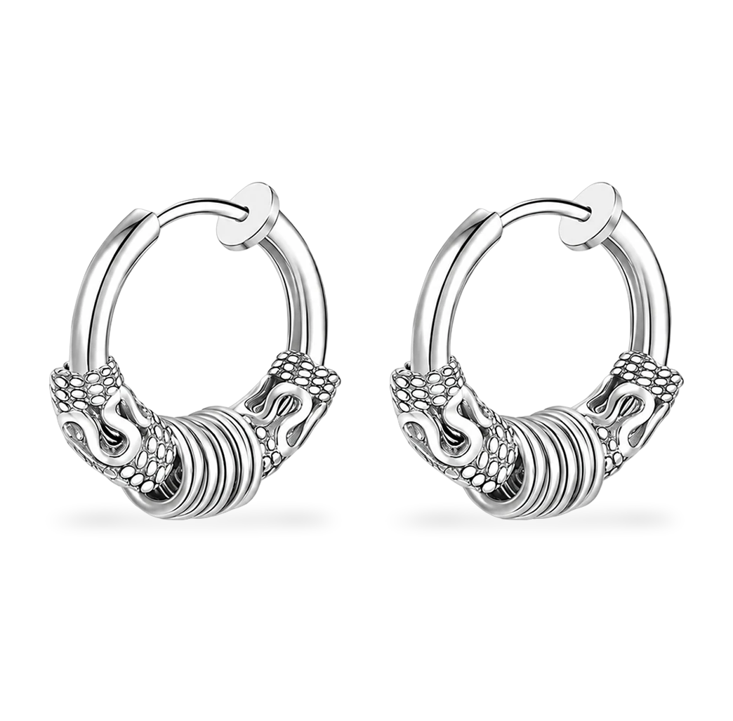 A pair of silver hoop earrings with detailed dragon head and body sculpting, shown on a clean white background.