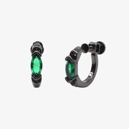 Close-up of Emerald Black Clip-On Hoop Earrings in titanium steel.