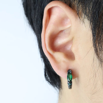 Model wearing Emerald Black Clip-On Hoop Earrings for men.