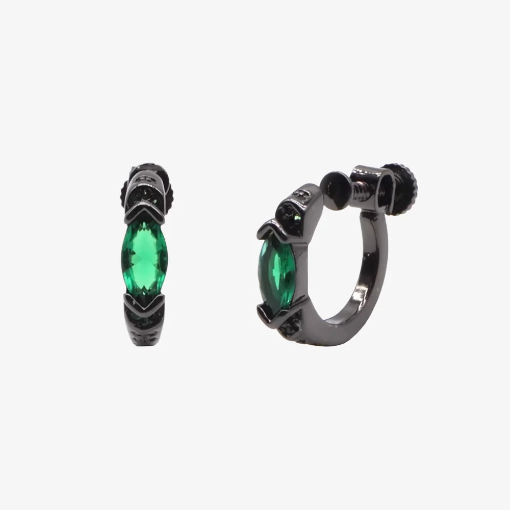 Close-up of Emerald Black Screw Back Clip-On Hoop Earrings in titanium steel.