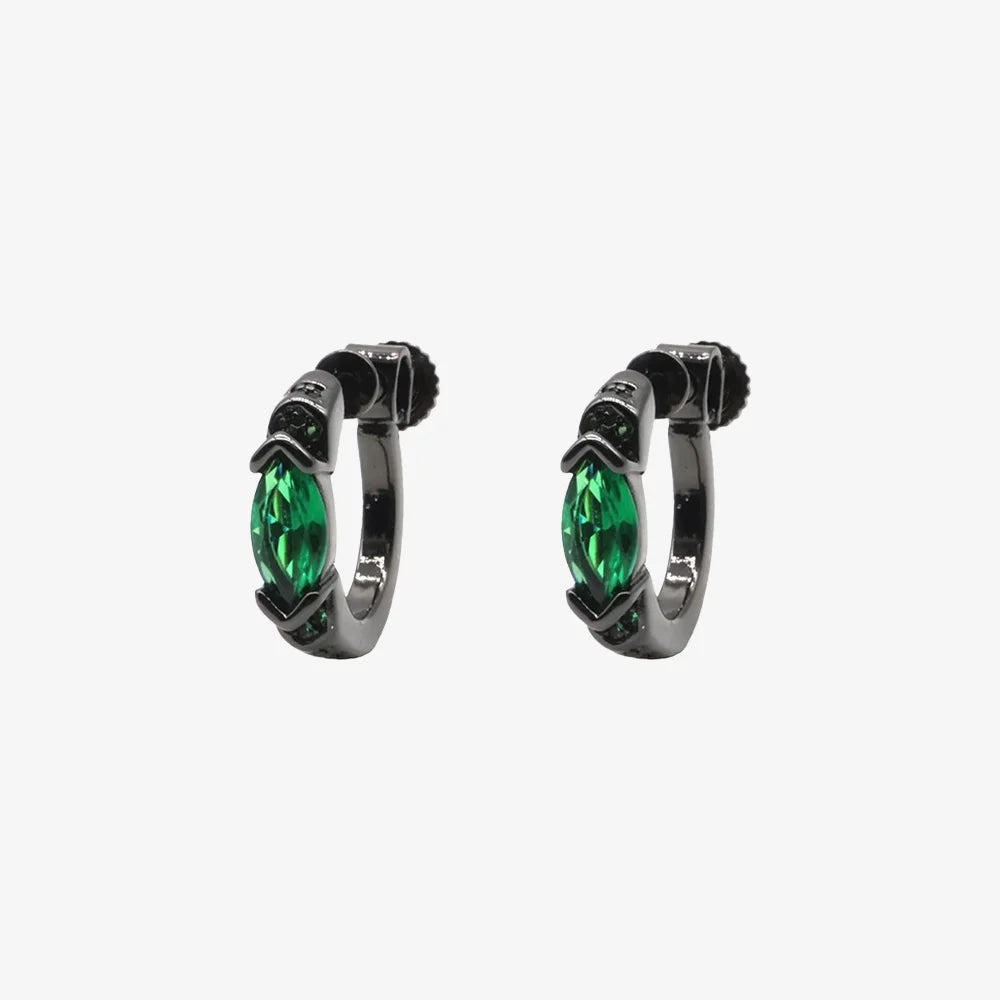 Pair of Emerald Black Screw Back Clip-On Hoop Earrings displayed on a white background.