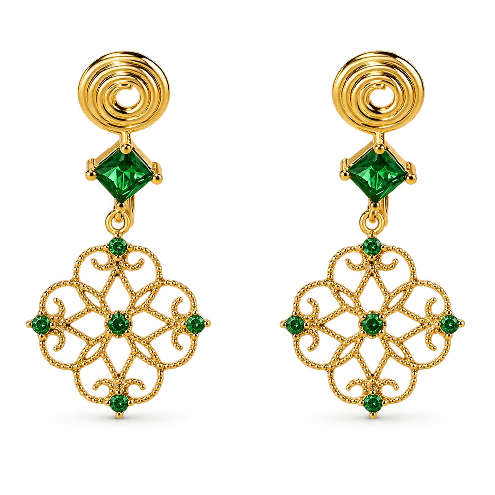 A pair of gold dangle clip on earrings with green gemstone accents, featuring a square green stone, and an ornate filigree drop in gold with green stones.