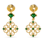 A pair of gold dangle clip on earrings with green gemstone accents, featuring a square green stone, and an ornate filigree drop in gold with green stones.