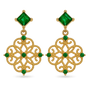 A pair of gold dangle clip on earrings with green gemstone accents, featuring a square green stone, and an ornate filigree drop in gold with green stones.
