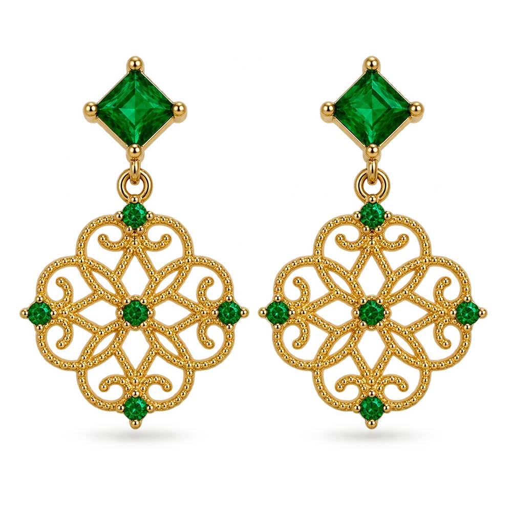 A pair of gold dangle clip on earrings with green gemstone accents, featuring a square green stone, and an ornate filigree drop in gold with green stones.
