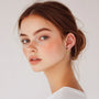 Emerald filigree dangle clip-on earrings side profile view on model with white background