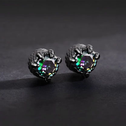 Magnetic black earrings with iridescent simulated emerald, dragon claw setting