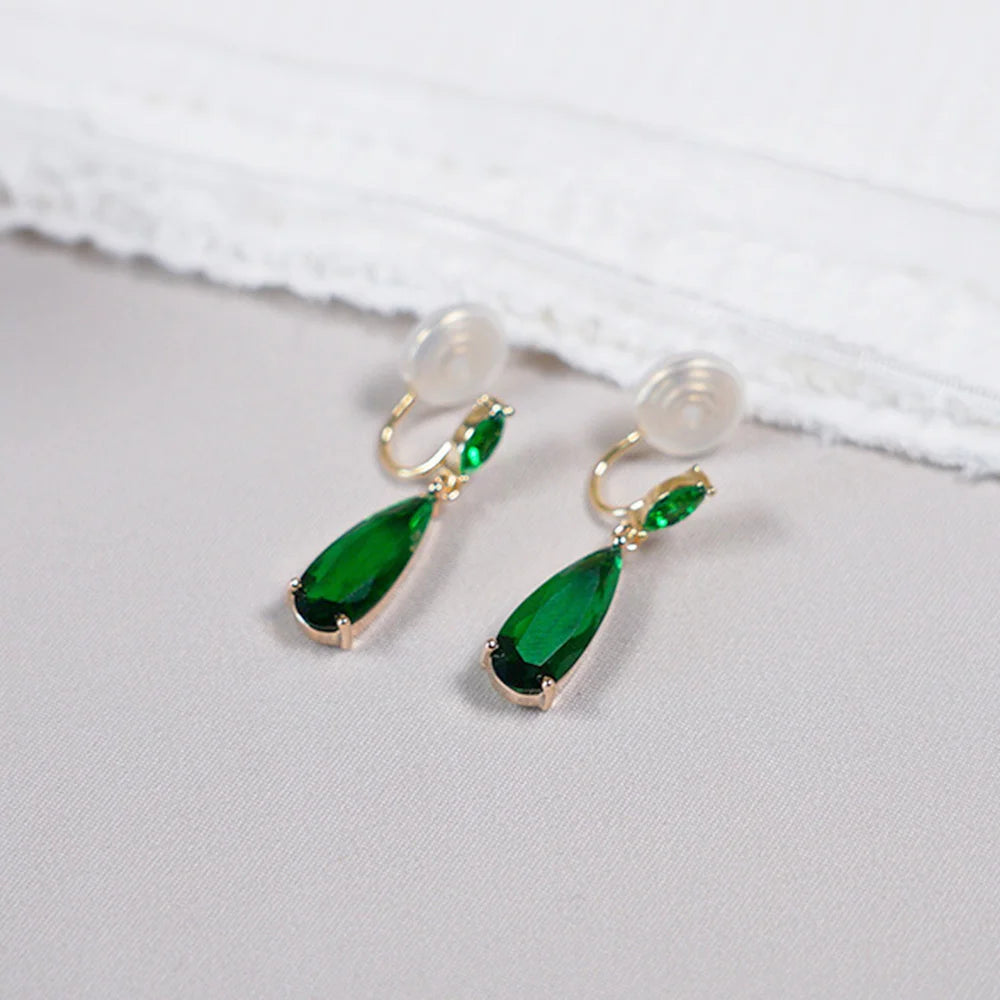 Emerald Teardrop Clip-On Earrings close-up