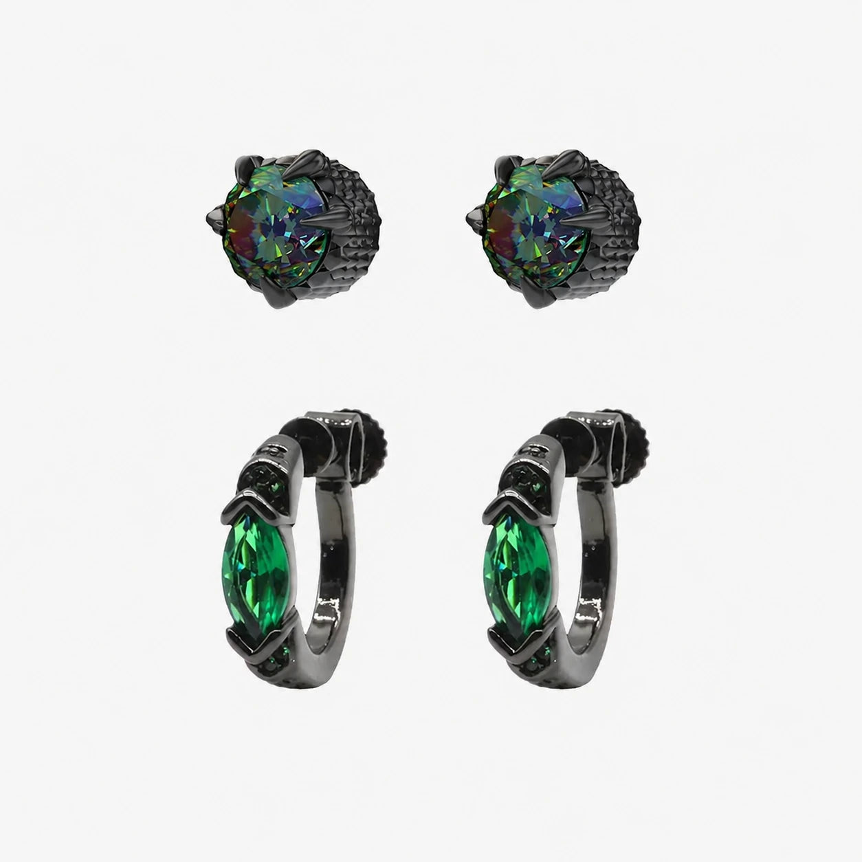 Emerald Goth Dragon Claw and Hoop Clip Earring Set