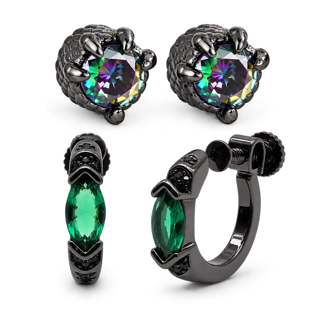 A jewelry set shown on a clean white background, including two matching claw-set earrings and a huggie hoop. 