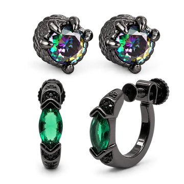 A jewelry set shown on a clean white background, including two matching claw-set earrings and a huggie hoop. 