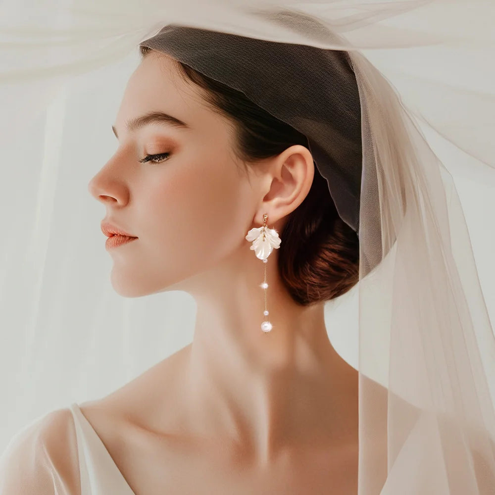 Floral Pearl Clip Earrings side profile view on woman wearing white veil and neutral makeup