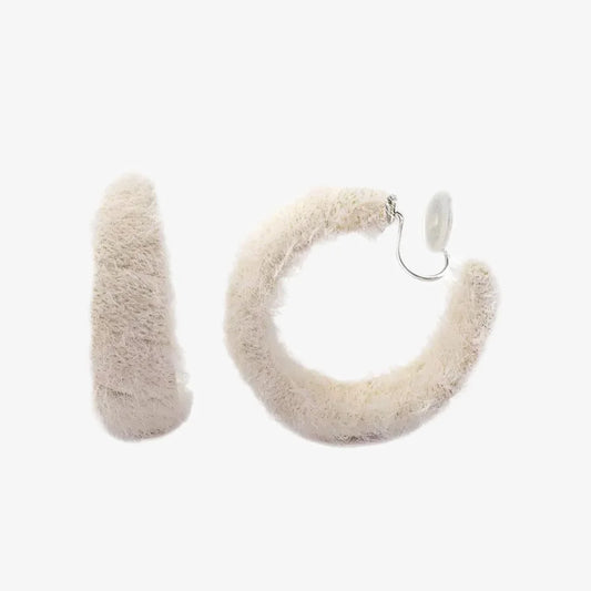 Fluffy White Hoop Clip-On Earrings with Soft Plush Texture